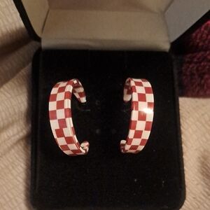 Red and White Checker Hoop Earrings